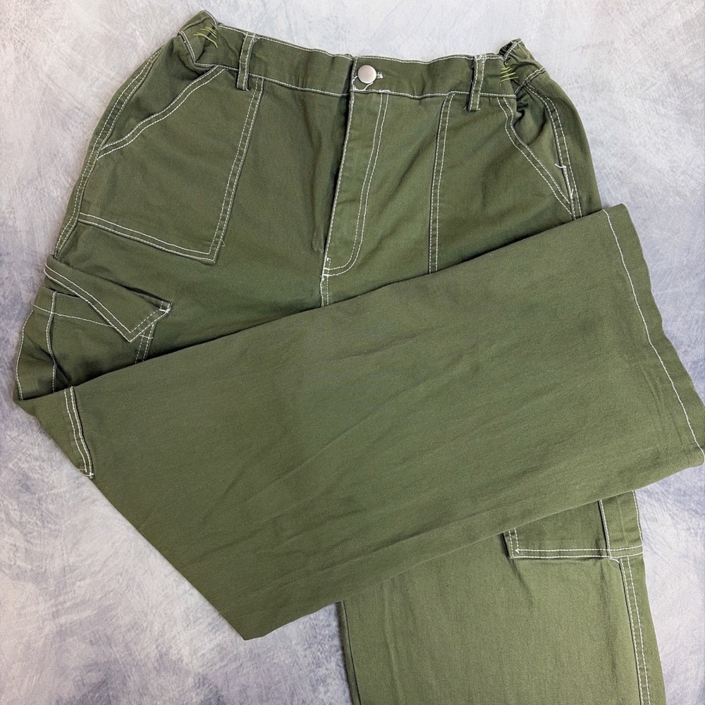 Faded Rose Essentials Cargo Pants Womens XL Green Contrast Stitch Wide Leg